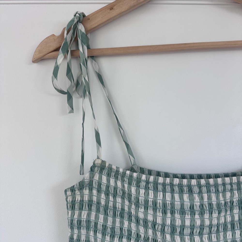 Reformation Gemini Dress Green Gingham Smocked Tie Shoulder Mini Ruffle Size S - Picture 6 of 12